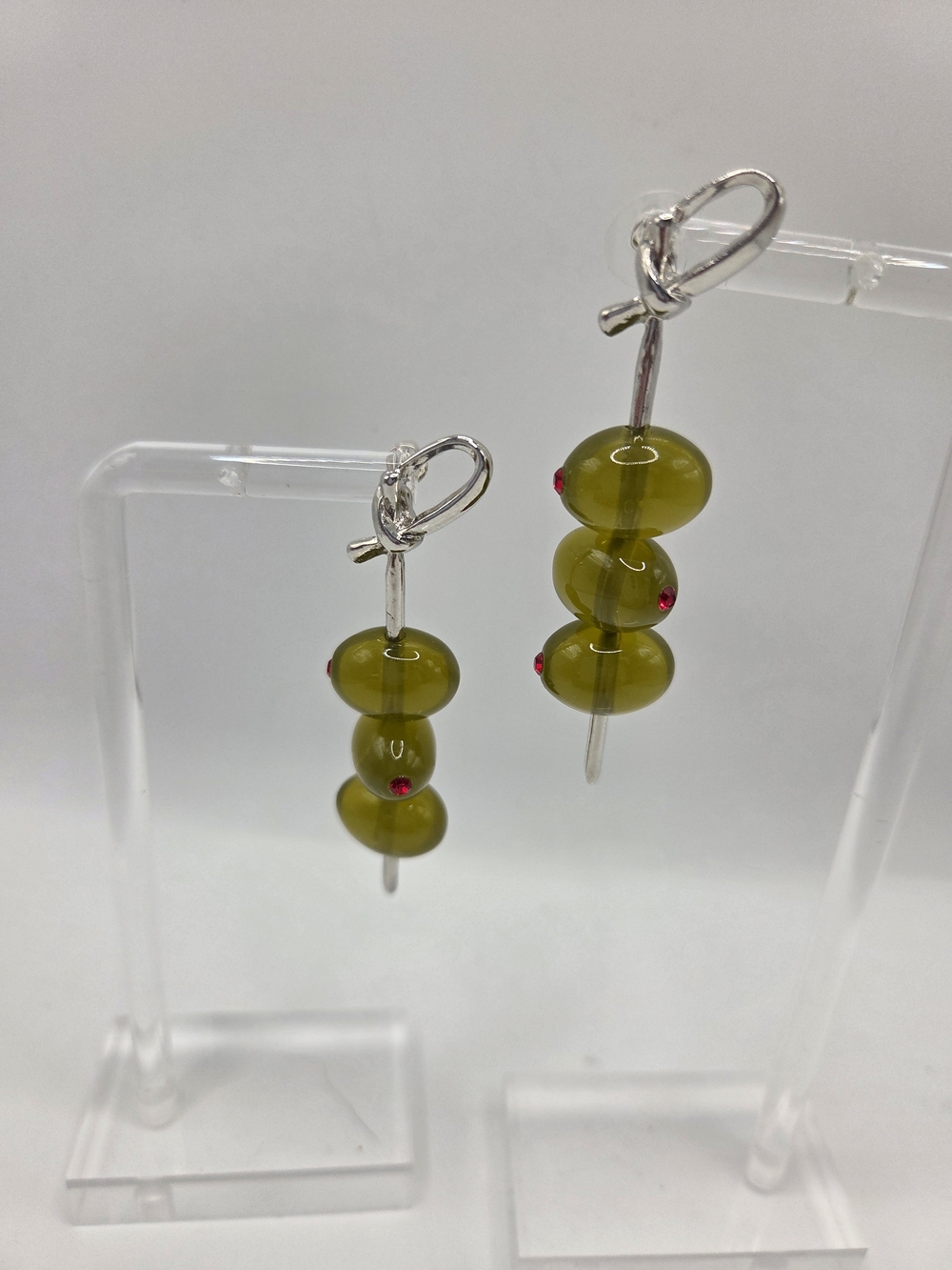 Piper K Olives On A Pick Dirty Martini Green Glass Stone Red Rhinestone Earrings